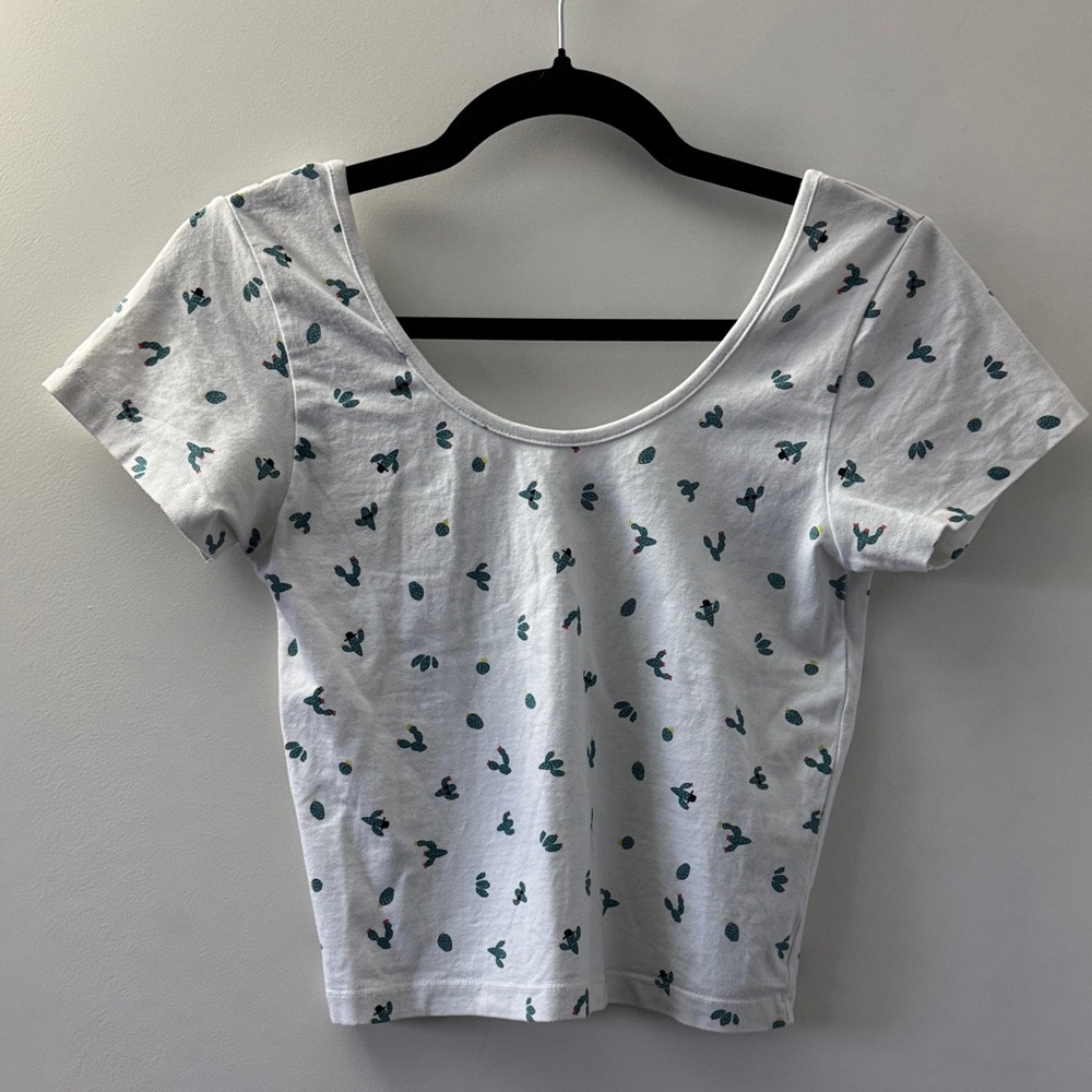 Glassons White Crop Top with Cacti Pattern